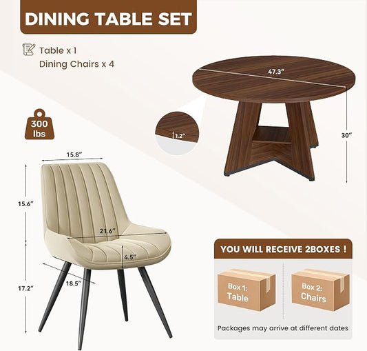Miereirl 47.3 Inch Round Dining Table Set for 4, Round Kitchen Table with Chairs, Space Saving Dining Room Table Set with Storage Shelf for Apartment Kitchen Dining Room, Walnut Table+4 Beige Chairs