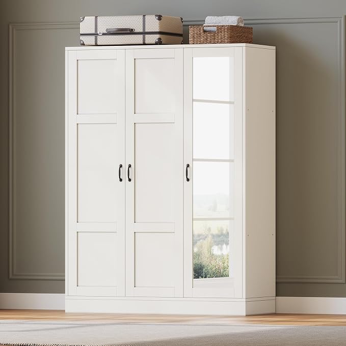 Yanosaku 3-Door Armoire Wardrobe Closet with Full Length Acrylic Mirror, Armoire with Adjustable Shelves & Hanging Rod, Freestanding Storage Cabinet for Bedroom, White