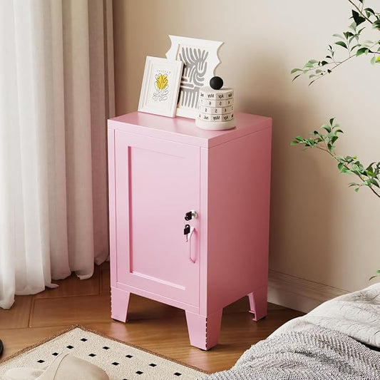 ALBAD Metal Nightstand with Lockable Cabinet, Compact Mini Locker Bedside Table for Kids & Adults, Modern Steel Side Table for Bedroom, Dorm, or Living Room (Pink)