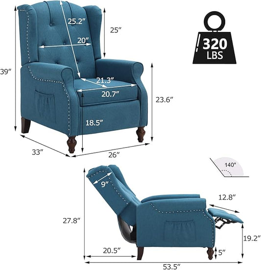 Wingback Recliner with Massage and Heat, Tufted Fabric Push Back Recliner Chair for Living Room, Vintage Wingback Chair with Remote Control, Small Recliners for Small Spaces