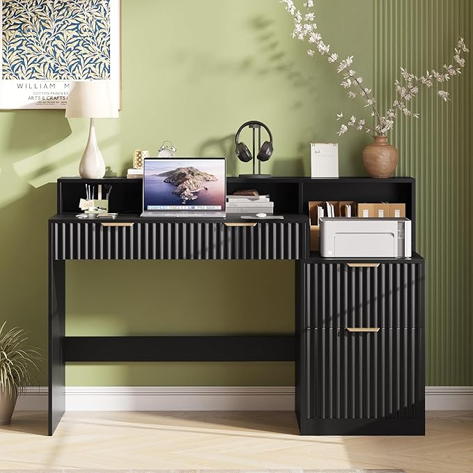 Vabches Fluted Computer Desk with Power Outlets, Home Office Desk with Drawers, Printer Stand, Wood Computer Desk with Long Monitor Stand, Black