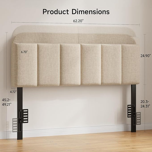 Headboard for Full/Queen Size with LED Light, Upholstered Bed HeadBoard with Storage, Linen Fabric Head Board with Vertical Channel Design, Height Adjustable, Easy to Assemble, Beige