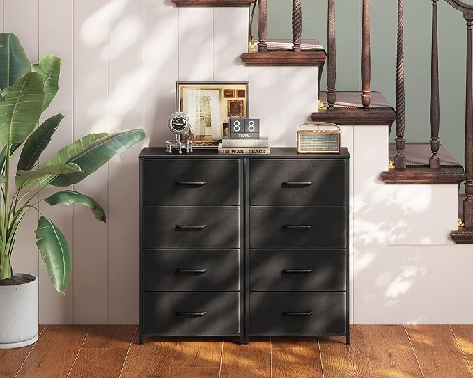 AODK Dresser for Bedroom with 4 Storage Drawers, Small Dressers Chest of Drawers Fabric Dresser with Sturdy Steel Frame, Black