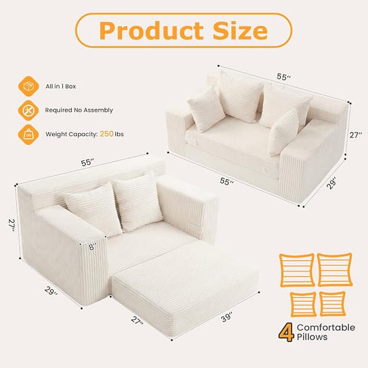 Boneless Loveseat Sleeper Sofa Bed, 3-in-1 Convertible Sofa Bed and Futon Couch with 4 Pillows, 55" Beige Boneless Couch for Living Room, Guest Room, Small Space, No Assembly Required, Corduroy