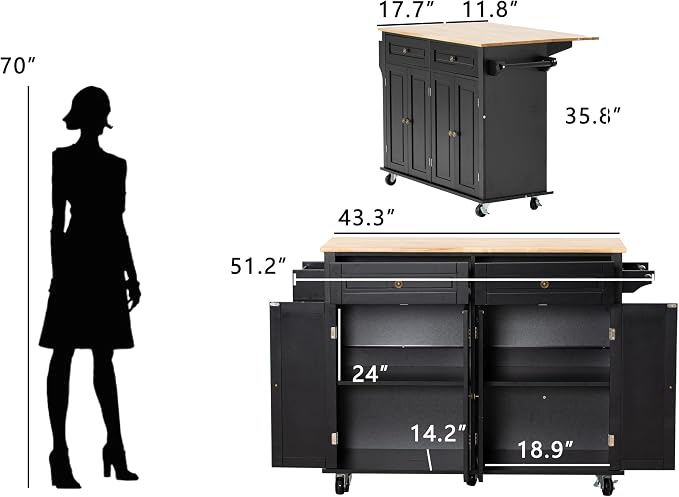 JassmiPkwy 51.2'' Rolling Kitchen Island Cart with Drop Leaf Countertop, Kitchen Carts on Wheels with Storage, 2 Drawers, Towel Rack Island for Dining Room, Black