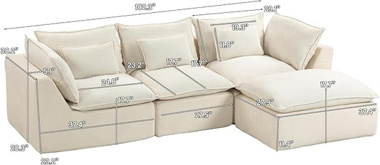 Boneless Couch Sectional Sofas Cloud Couches for Living Room | 102.3'' Modern Modular Cloud Sofa with Pillows and Ottoman for Bedroom