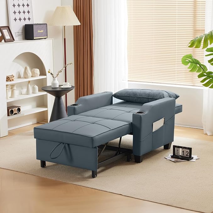 VINGLI Sleeper Chair with Pull Out Couch Bed, 3-in-1 Convertible Sofa Bed Chaise Recliner with USB Ports, Cup Holders, Side Pockets for Living Room Bedroom Small Spaces