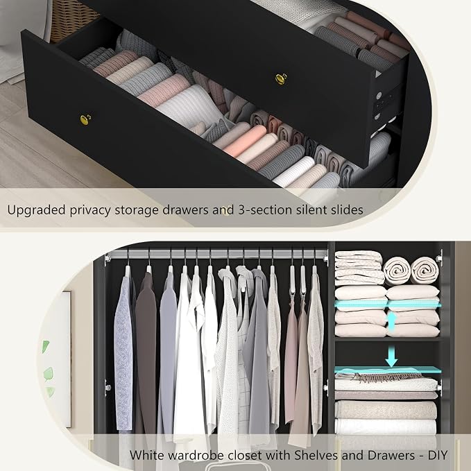 jiteentarou 3 Door Wardrobe Closet with Mirror and LED Lights, Bedroom Armoire with Drawers Shelves, Modern Wooden Armoire Wardrobe Closet with Hanging Rod for Bedroom, Black