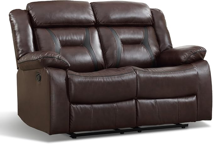 EBELLO Manual Faux Leather Loveseat Recliner, 2 Seat Reclining Sofa Chair with Center Console, Hidden Storage and Cup Holders, Daul Recliner for Living Room, Meeting Room, Dark Brown (Loveseat)