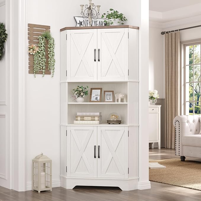 Befrases Corner Cabinet, 67''H Kitchen Pantry Storage Cabinet, 6-Tier Corner Food Pantry Hutch with 4 Barn Doors and Shelves, Tall Farmhouse Furniture for Kitchen Dining Living Room, White