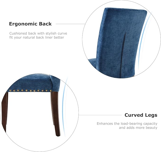 COLAMY Upholstered Parsons Dining Chairs Set of 6, Fabric Dining Room Kitchen Side Chair with Nailhead Trim and Wood Legs - Dark Blue