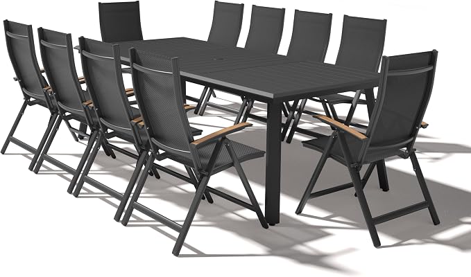 Pellebant 11 Pieces Aluminum Patio Table and Chairs Set - 94" Rectangular Table and Foldable Chairs Outdoor Dining Set with Umbrella Hole, Weather Resistant Sturdy Frame for Deck, Porch & Backyard