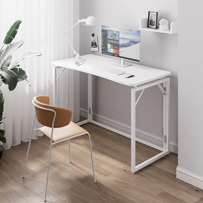 JOYMOOP White Folding Desk - 40", No Assembly Middle Size Foldable Desk for Home, Office, Wooden Top Folding Computer Desk for Working, Writing, Studying