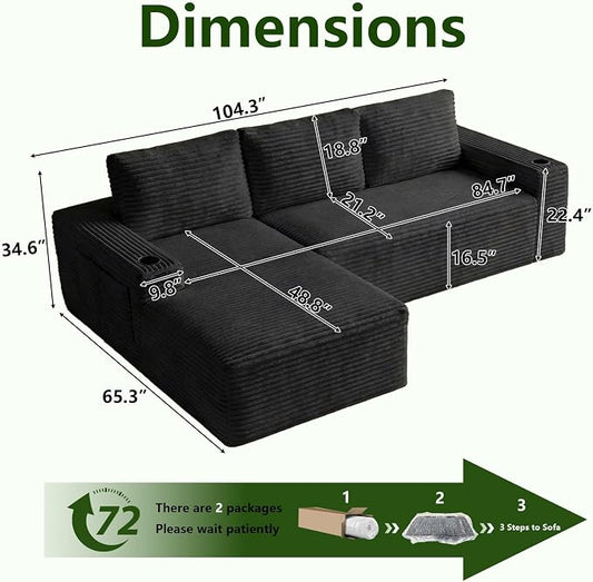 104.3" Modular Sectional Sofa,Modern Corduroy Cloud Couch with Cup Holder & Side Pockets,Boneless Couch Upholstered 3-Seater L-Shaped Sofa for Living Room,No Assembly (Black, Left-Facing Chaise) | with Cup Holder