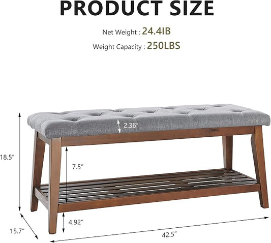 kinmars Upholstered Bench for Bedroom End of Bed,42.5-inch Entryway Bench for Living Room,Dining Bench with Padded Seat and Solid Wood Leg for Kitchen Bedroom,Indoor and Hallway (Shoe Bench, Grey)
