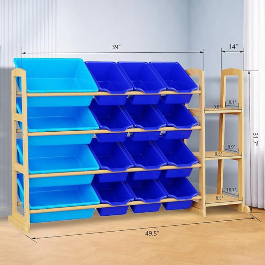 Kids Toy Storage Organizer with Bookshelf – Wooden Shelf with 16 Bins & 3 Shelves, Quick Assembly Storage Rack for Playroom, Bedroom, Nursery - Blue