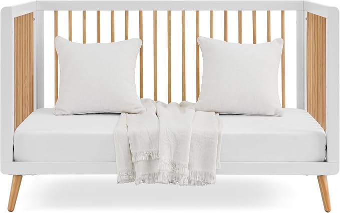 Tatum 3-in-1 Convertible Crib, White/Natural Finish, Solid Wood, Adjustable Mattress Height, Converts to Toddler Bed & Daybed, Fits Standard Full-Size Crib Mattress