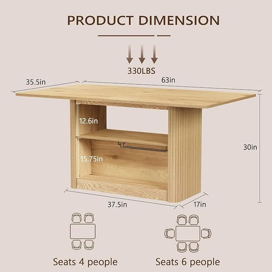 FUQARHY 63" Dining Table with Storage, Farmhouse Rectangular Kitchen Table