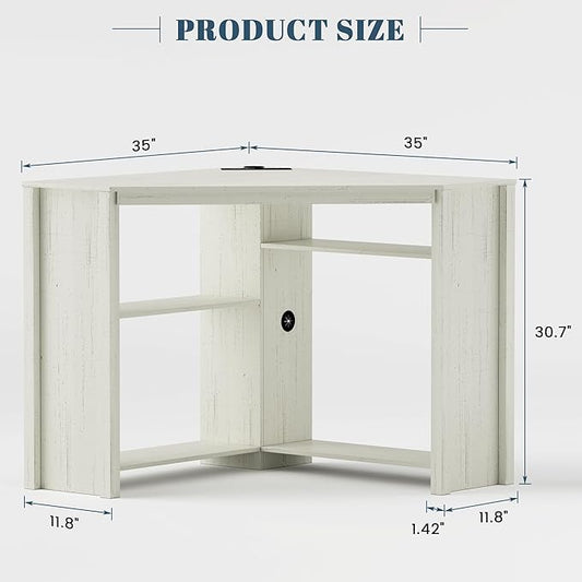 Corner Desk with Charging Station and LED Lights, White | Triangle gaming computer desk for home office, Features space saving storage shelves, CPU stand, and smart LED light