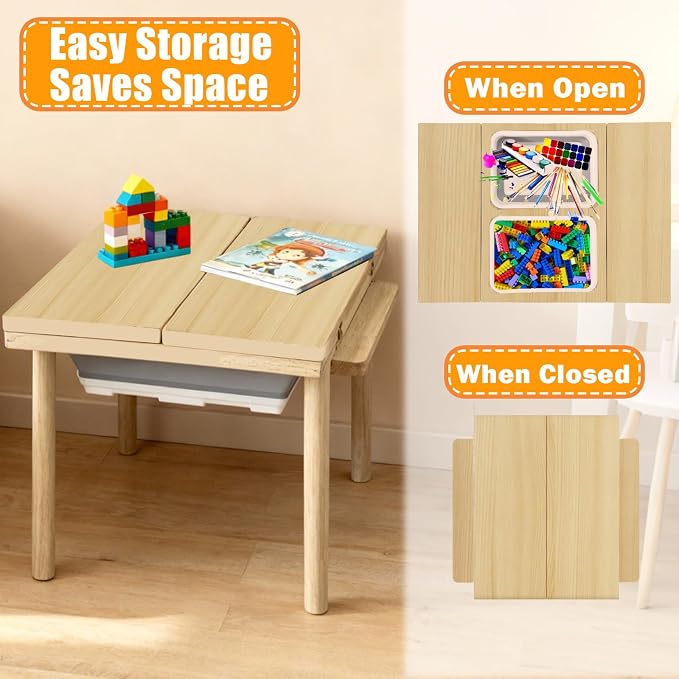 Large Solid Pine Wood Table with Flip Top, Activity Table with 2 Storage Bins & Double-Sided Board, Indoor/Outdoor Play Sand and Water, Multi-Functional Desk for Drawing Studying Dining