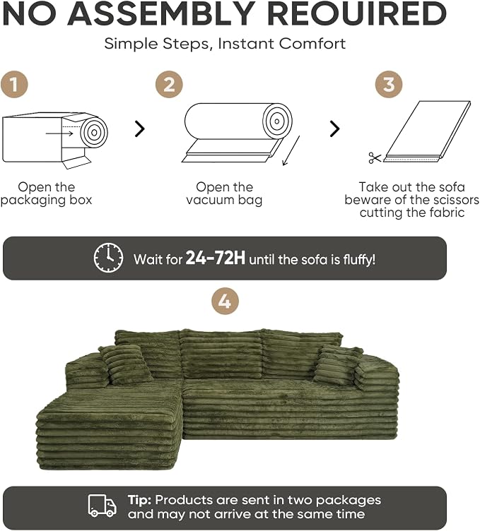 2" Corduroy Boneless Couches for Living Room, L Shape Sofa with Chaise | 102.4" Modular Sectional Sofa, Cloud Couch Sectional with Deep Seat, No Assembly, Green, Left Chaise