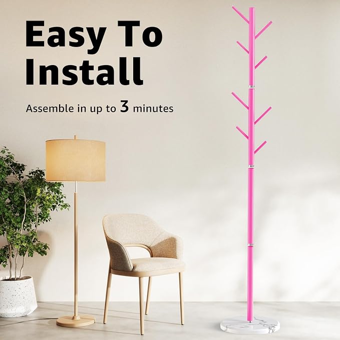 HzTinT Coat Rack with Natural Marble Base, Metal Freestanding Coat Rack with 8 Hooks, 3 Adjustable Size Sturdy Coat Tree for Bags, Coats, and Hats for Entryway, Hallway, Bedroom, Office, Pink