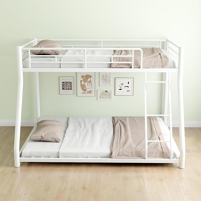 Metal Bunk Bed Twin Over Full Size with Removable Stairs, Heavy Duty Sturdy Frame with Full Length Safety Guardrail for Teen & Adults, Teens, No Box Spring Needed (White)