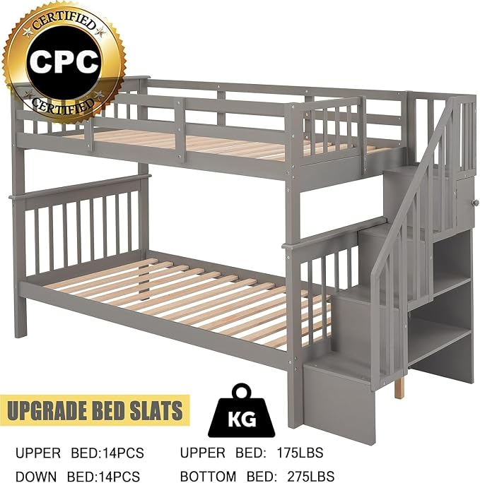 MERITLINE Twin Over Twin Bunk Bed with Storage Staircase, Solid Wood Stairway Convertible Bunk Bed with Stairs (Twin Over Twin,Grey)