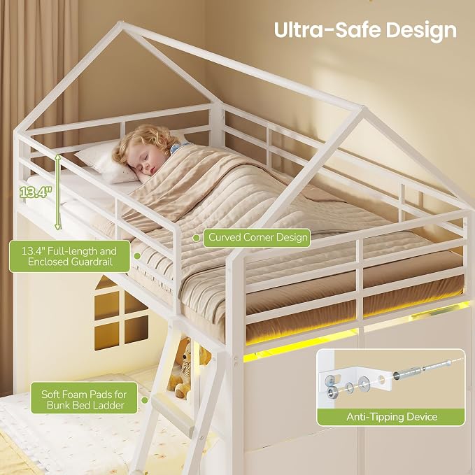Hasuit Low Bunk Bed Twin Over Twin with Toy Storage Organizer-6 Removable Bins, Floor Bunk Beds with LED Lights, House Bunk Bed with Ladder & Guardrail, Metal L Shaped Twin Bunk Beds for Kids, White