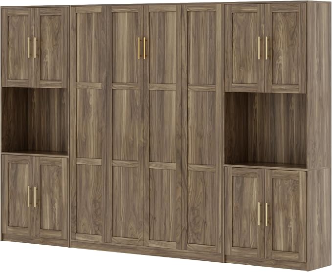 Bobve Farmhouse Murphy Bed Queen, 85" Wall Bed Folds to Save Space, Concealed Bed Frame with 2 Storage Cabinets and Wall Mounted Features for Apartment/Office/Guest Room