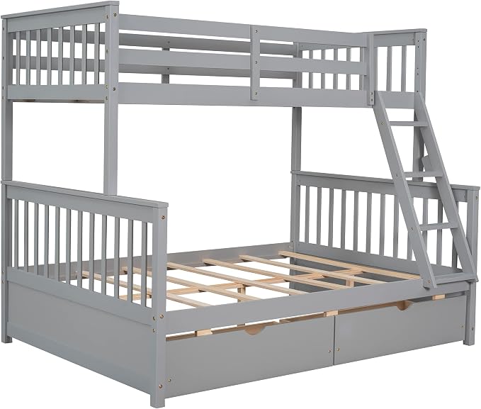 Merax Wood Bunk Bed with Drawers,Convertible Wood Bunk Bed with Ladders and Two Storage Drawers,Solid Wood Detachable Bed Frame with Ladders,Twin Over Full Size,Grey