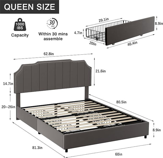 VECELO Queen Upholstered Platform Bed Frame with 4 Storage Drawers,Velvet Vintage Queen Bed with Nailhead Trim,Tufted Height Adjustable Headboard,Wooden Slats/No Box Spring Needed/Easy Assembly