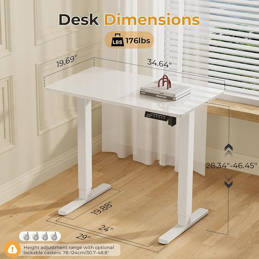 JOY worker Small Glass Standing Desk, 35" x 20" Electric Whole Piece Height Adjustable Desk with 4 Lockable Casters, Mobile White Sit to Stand Workstation for Home Office