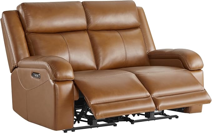 Watson & Whitely Genuine Leather Power Loveseat Recliner Sofa, 2 Seat Wall Hugger Reclining Sofa with Power Headrest & Charging Ports, Dual Recliner Sofas for Living Room, RV, Saddle Brown