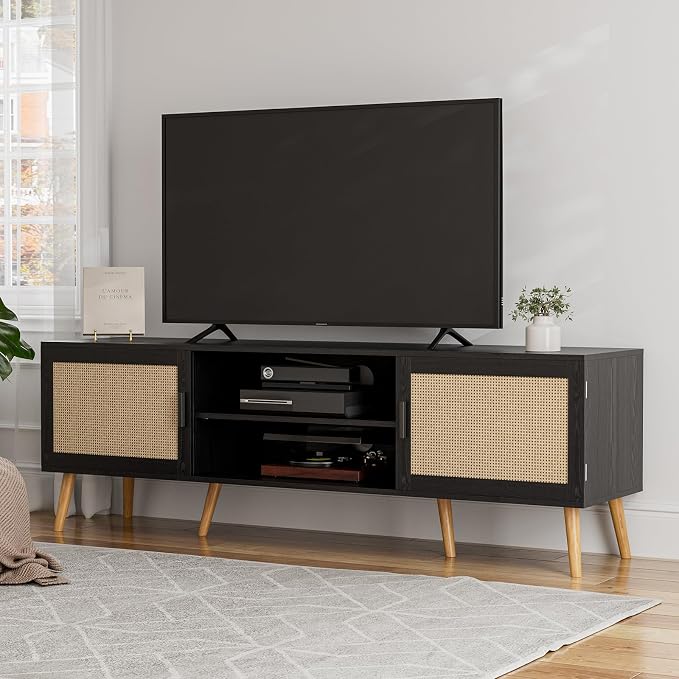 ZttRiee TV Stand with Rattan Doors for TVs up to 65", Mid-Century, Black | 54.7"W x 15.7"D x 18.9"H, 150 lbs capacity, 2 rattan-door cabinets & 1 shelf (4 compartments), 2 cord holes, 6 wood feet