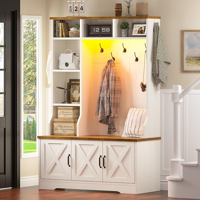 CSZZD Hall Tree with Bench and Shoe Storage, Farmhouse Entryway Bench with Coat Racks and Led Lights, Tall Hall Tree with 7 Coat Hooks, 6 Storage Cubbies, Adjustable Shelf