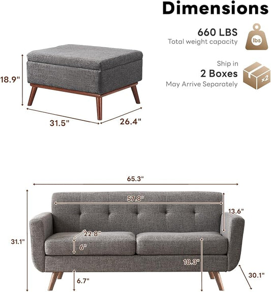 Tbfit 65" W Loveseat Sofa with Ottoman Coffee Table, Mid Century Modern Love Seat Couches for Living Room, Button Tufted Upholstered Small Couch for Bedroom,Easy to Install Love Seats Furniture, Gray | linen fabric
