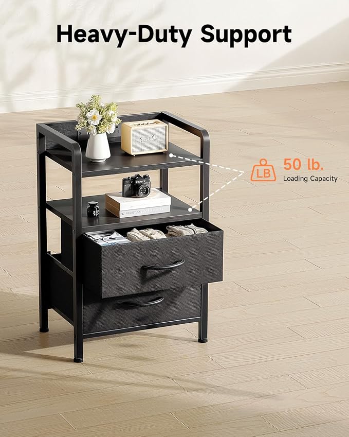 Lazzanto Night Stand Bedside Charger Bedroom - Nightstand with Charging Station & LED Light Strip, Night Stand with Storage Shelf & 2 Fabric Drawers, Morden End Table with U-S-B Ports & AC Outlets