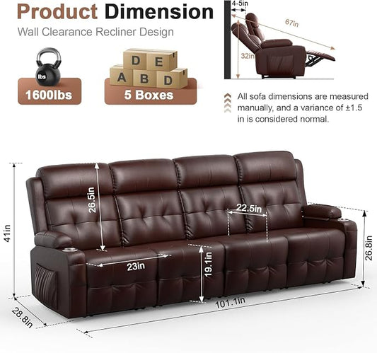 Recliner Sofa, Massage Reclining 4 Seater Sofa Sets Heavy Weight Capacity, RV Loveseat Couch Clearance with Storage, Cup Holders, Wall Hugger Recliners for Living Room & RV Campers