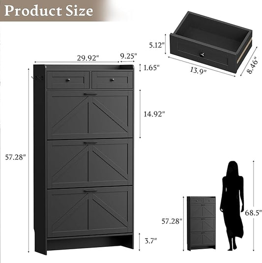 BORNOON Shoe Storage Cabinet for Entryway, Farmhouse Narrow Shoe Cabinet with 3 Flip Drawers & 2 Top Drawers, Adjustable Shelves & Hooks, Freestanding Hidden Rack Organizer for Hallway, Foyer