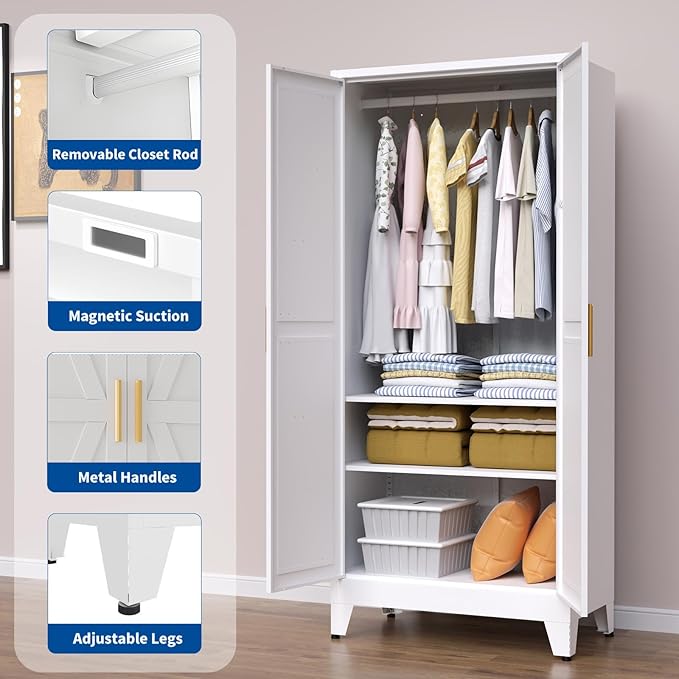 71" Heavy Duty Steel Armoire Wardrobe Closet, White Metal Clothing Storage Cabinet with 2 Magnetic Doors & Adjustable Shelves, Waterproof Hanging Rod Cabinet for Bedroom Gym Laundry Room