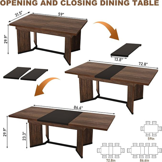 86 in Extendable Dining Table for 6 8 10 People,59"-86" Farmhouse Rectangle Extending Dining Table w/Removable Leaves Space Saving,Wooden Adjustable Tables for Kitchen Office Living Room (Brown&Black)