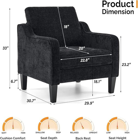 VINGLI Mid-Century Modern Accent Chair, Black Chenille, 30" (W) x 30.7" (D) x 33" (H), 1 Seat, 380 lbs Weight Capacity