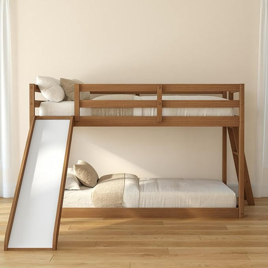 Grain & Grove Bear Twin Over Twin Bunk Bed with Slide, Low Bunk Bed Frame for Kids, Bunk with Ladder, Guardrail, and Slats, No Box Spring Required, Oak Embossed Pecan