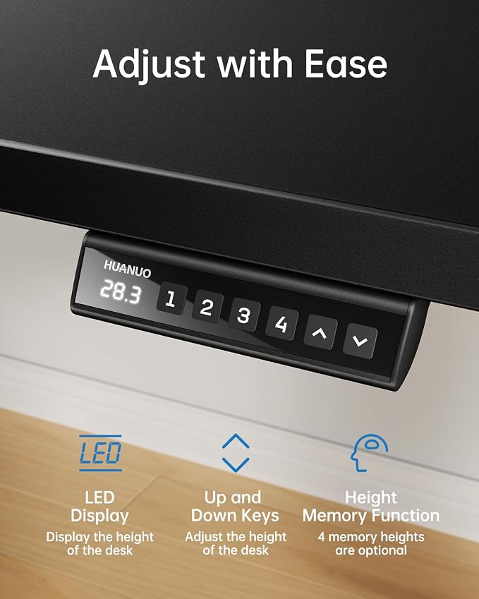 HUANUO Electric Standing Desk, Whole Piece Desktop, Adjustable Height Computer Desk, 4 Height Memory Settings, Sit Stand Up Desk for Home Office, 55" x 27", Black