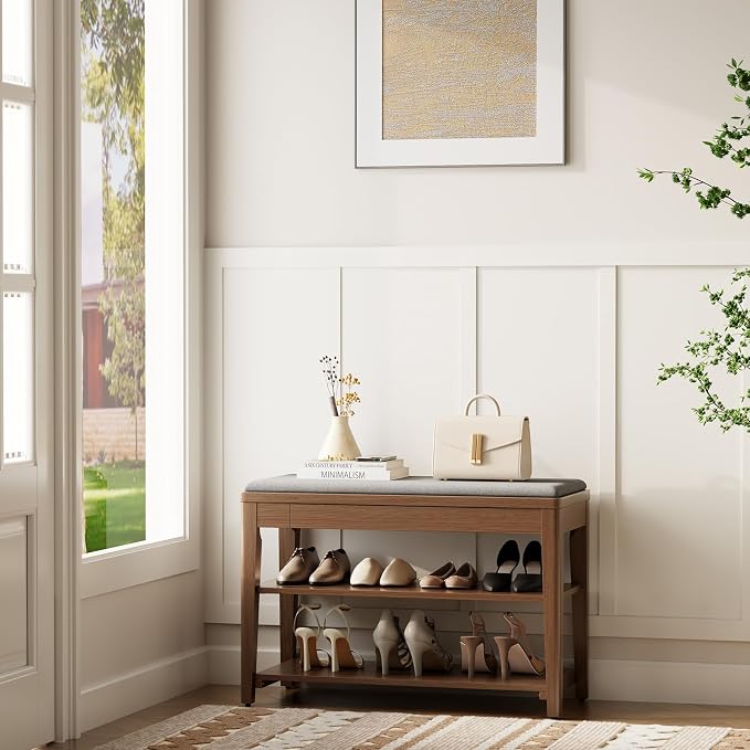 Small Shoe Bench with Storage, Wooden Shoe Storage Bench with Cushion&Hidden Drawer, 2-Tier Shoe Rack Bench for Entryway, Mudroom, Hallway