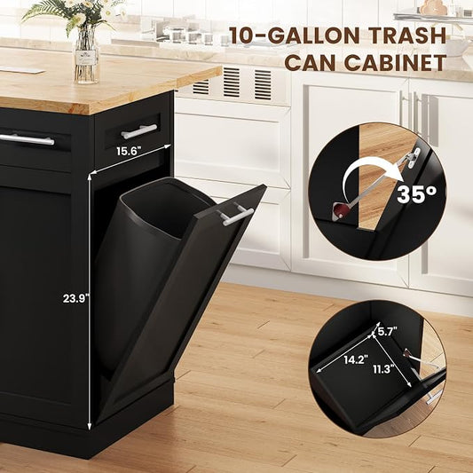Dripex 53'' Rolling Kitchen Island with Power Outlet, Drop Leaf & Trash Can Storage, Large Island Cart on Wheels with Rubberwood Top, 4 Drawers, Open Shelves, for Kitchen, Dining Room (Black)