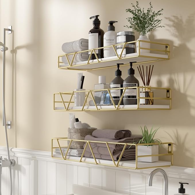 Amaoot Floating Shelves Set of 3, Home Wood Wall Shelf, Farmhouse Shelf for Bedroom, Wall Mounted Floating Shelf for Living Room, Bedroom, Bathroom, Kitchen, Office (Gold)