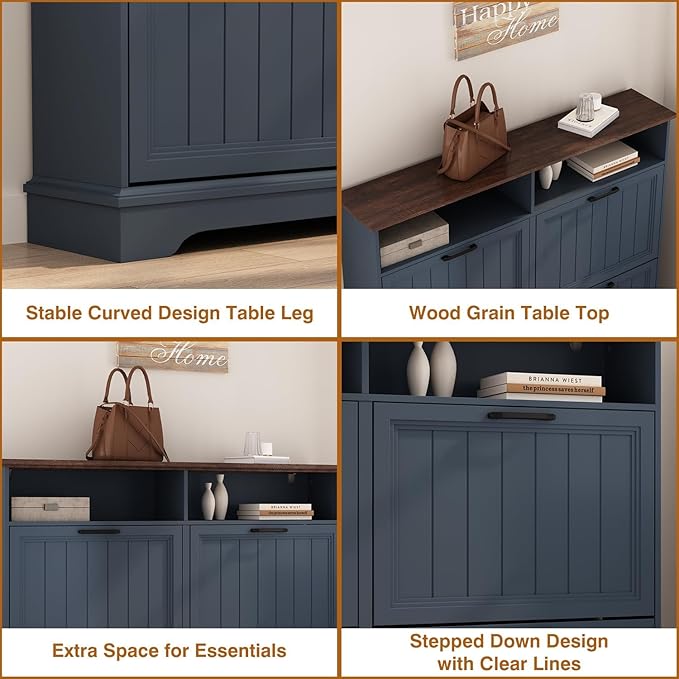 Shoe Storage Cabinet with 4 Flip Drawers, Farmhouse Modern Hidden Shoes Rack Cabinet with Adjustable Shelves & Open Storage, Narrow Slim Shoe Organizer for Front Door Entrance, Entryway, Navy Blue