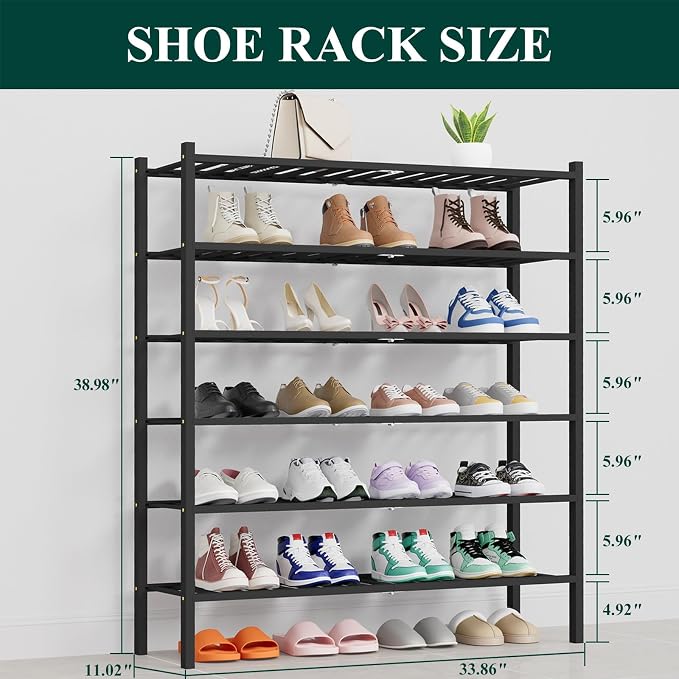 Smiry Long Bamboo Shoe Rack, 6 Tier Free Standing Wooden Shoe Organizer, Stackable Wood Shoe Storage Shelf for Closet, Entryway, 14 Vertical Slats, 2+2+2 Stack Thicker Legs, 33.7"x11"x39", Black